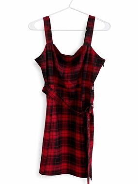 H&M Red and Black Plaid Mini Dress with Tie Waist